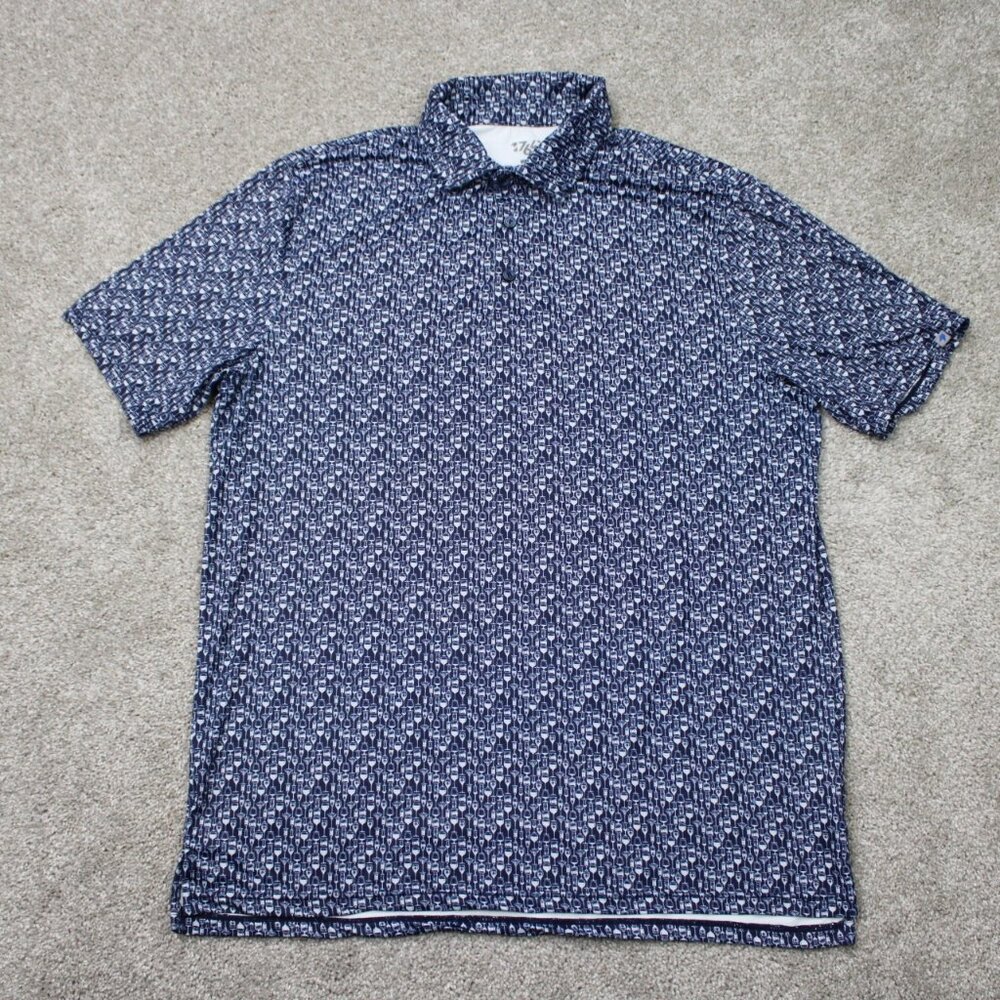 1764 AOP Polo Shirt Mens Large Blue Drinks All Over Print Poly Stretch S/S‎ Golf
